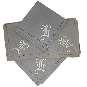 Vintage Linen Napkins Set of 4 Gray Monogrammed Letter F Hemstitched